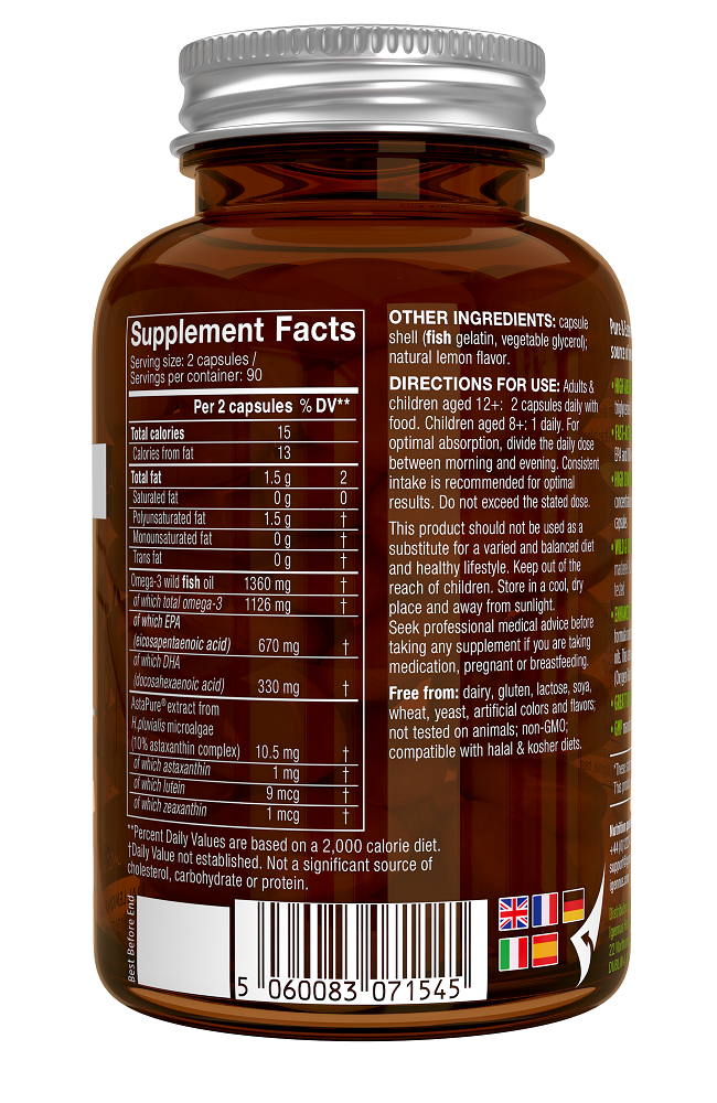Pure & Essential Omega-3 Wild Fish Oil EPA & DHA 1000mg & Astaxanthin  180’s
